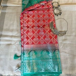 Pink and sea green silk saree